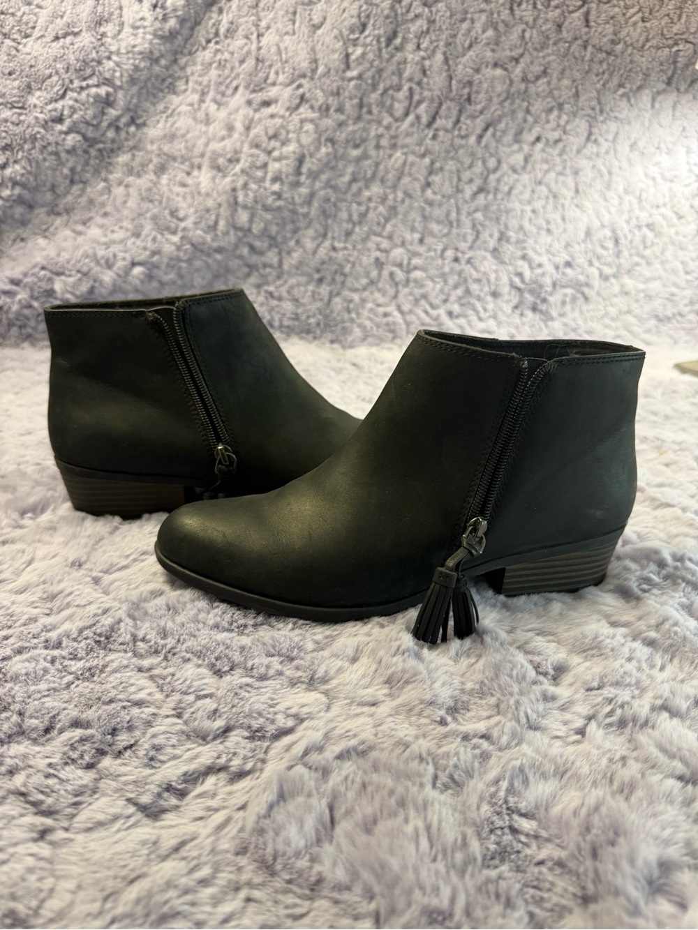 Clarks | Black Leather Ankle Booties with Tassel Zip | 8.5